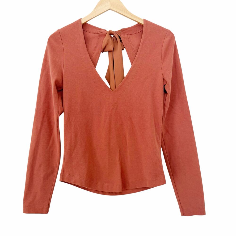 Free People Terracotta Satin Ribbon Tie Back Long Sleeve Top Sz M
